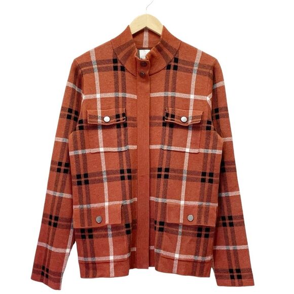 Joie Plaid Shacket Soft Knit Full Zip Sweater Jacket Rust Black White Size Large - Picture 13 of 13